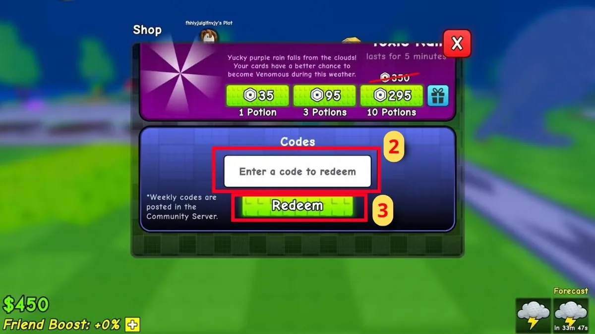 Live Shop Codes panel with Enter a code field and Redeem button
