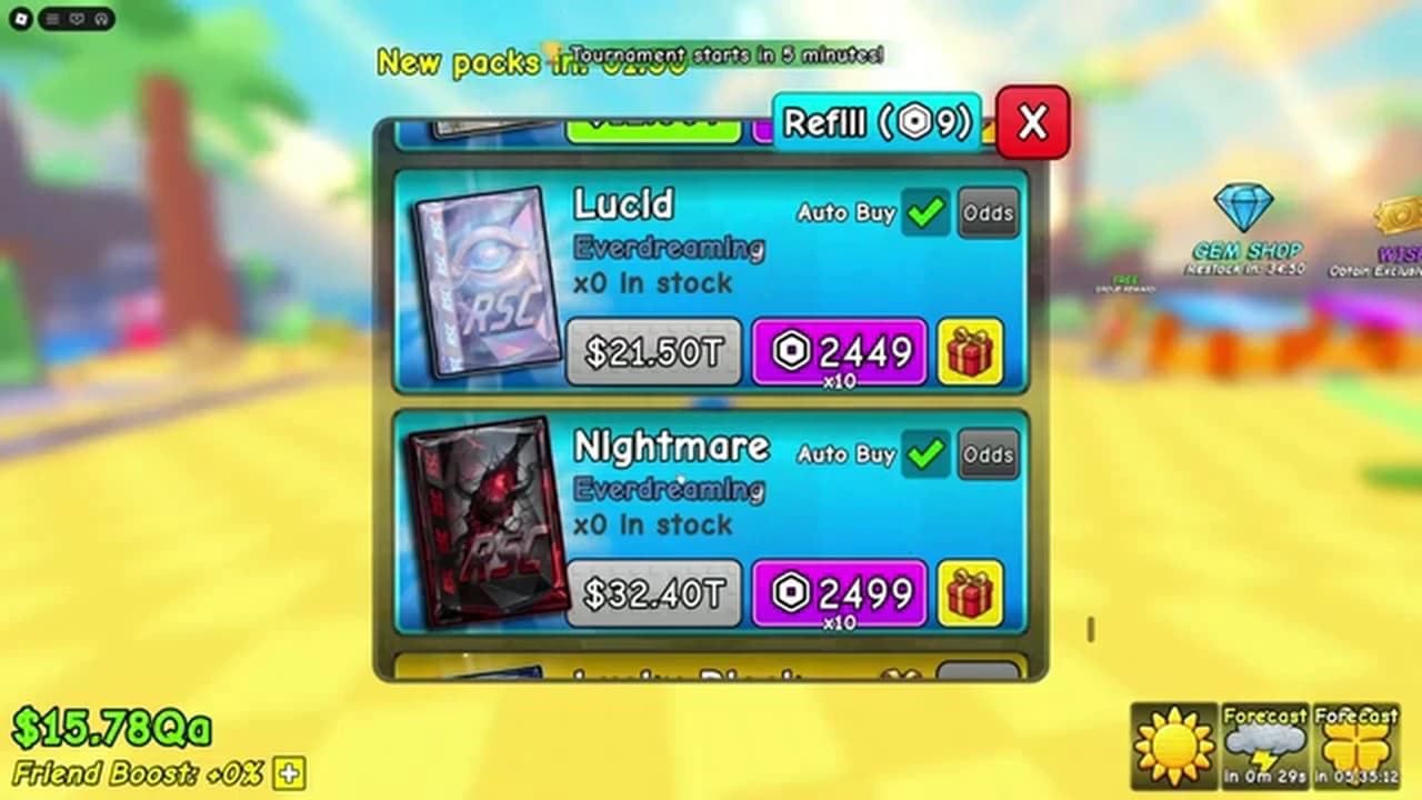 Late-game pack shop showing Lucid and Nightmare packs